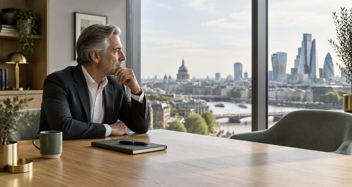 A business leader reflecting beside a London office window