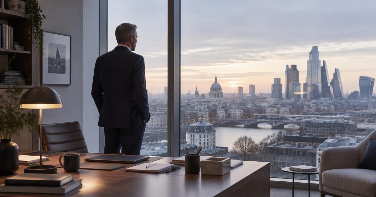 A senior leader reflecting alone beside a London office window